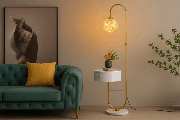 Aurora™ Luxe Arc Floor Lamp with Table – Modern Minimalist LED Elegance