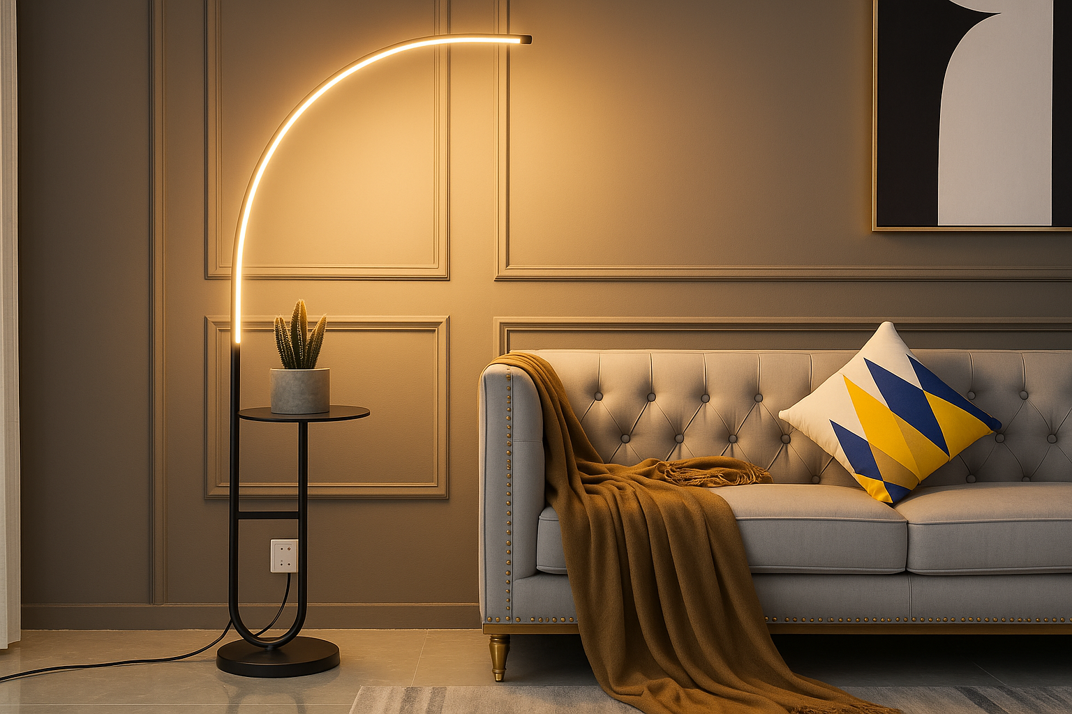 Lunaro+™ Minimalist Arc LED Floor Lamp with Integrated Table
